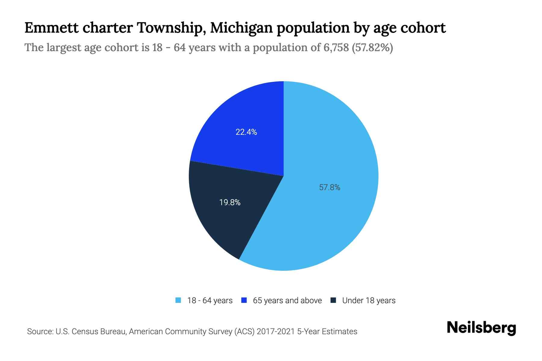 The pie chart shows Emmett charter township's population divided into segments, with each segment representing an age cohort. The area of each segment is in the same proportion of a circle as the population of the cohort is of the total population.